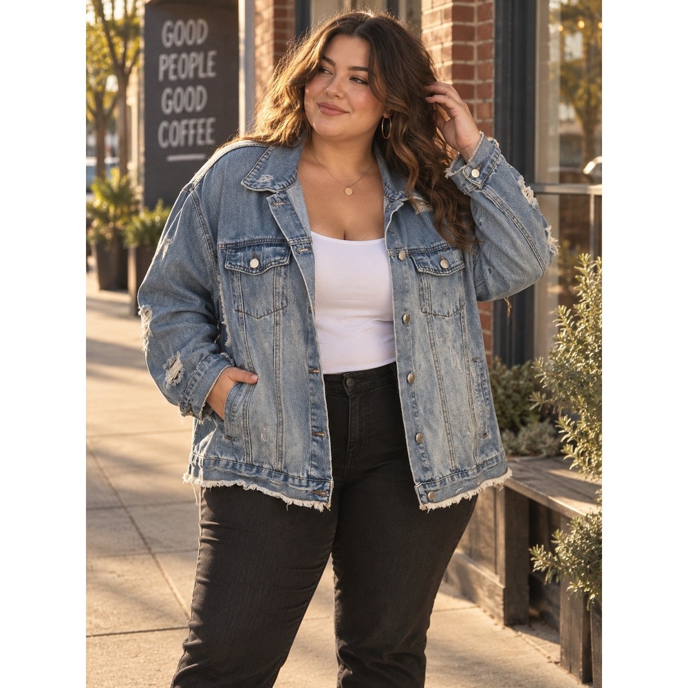 Ashley Vintage Charm Denim Jacket Women 2X Distressed Frayed Hem 90s Grunge